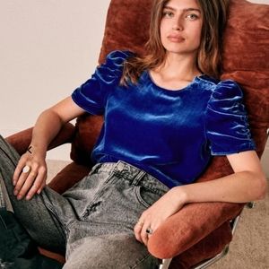 Sezane Royal Blue Velvet Blouse